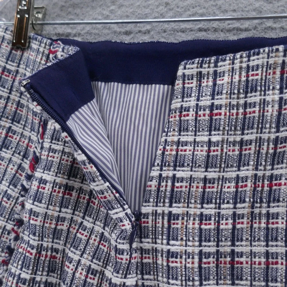 J Crew Womens Navy‎ Blue Red White Plaid Tweed Fringe Pencil Skirt Size 4